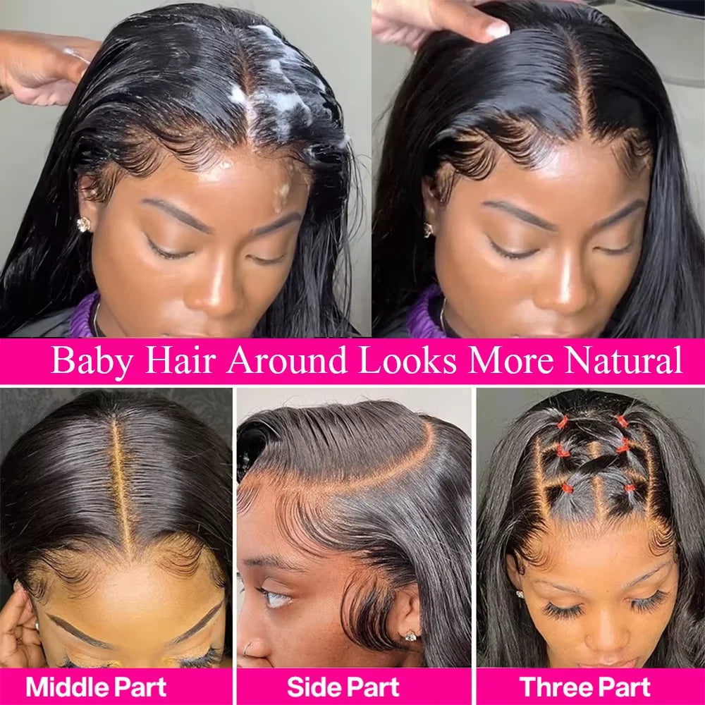 18-46Inch Natural Black Bone Straight 13x6 HD Clear Lace Frontal Wig 200 Density Pre Plucked Natural Edges Glueless Silky Smooth