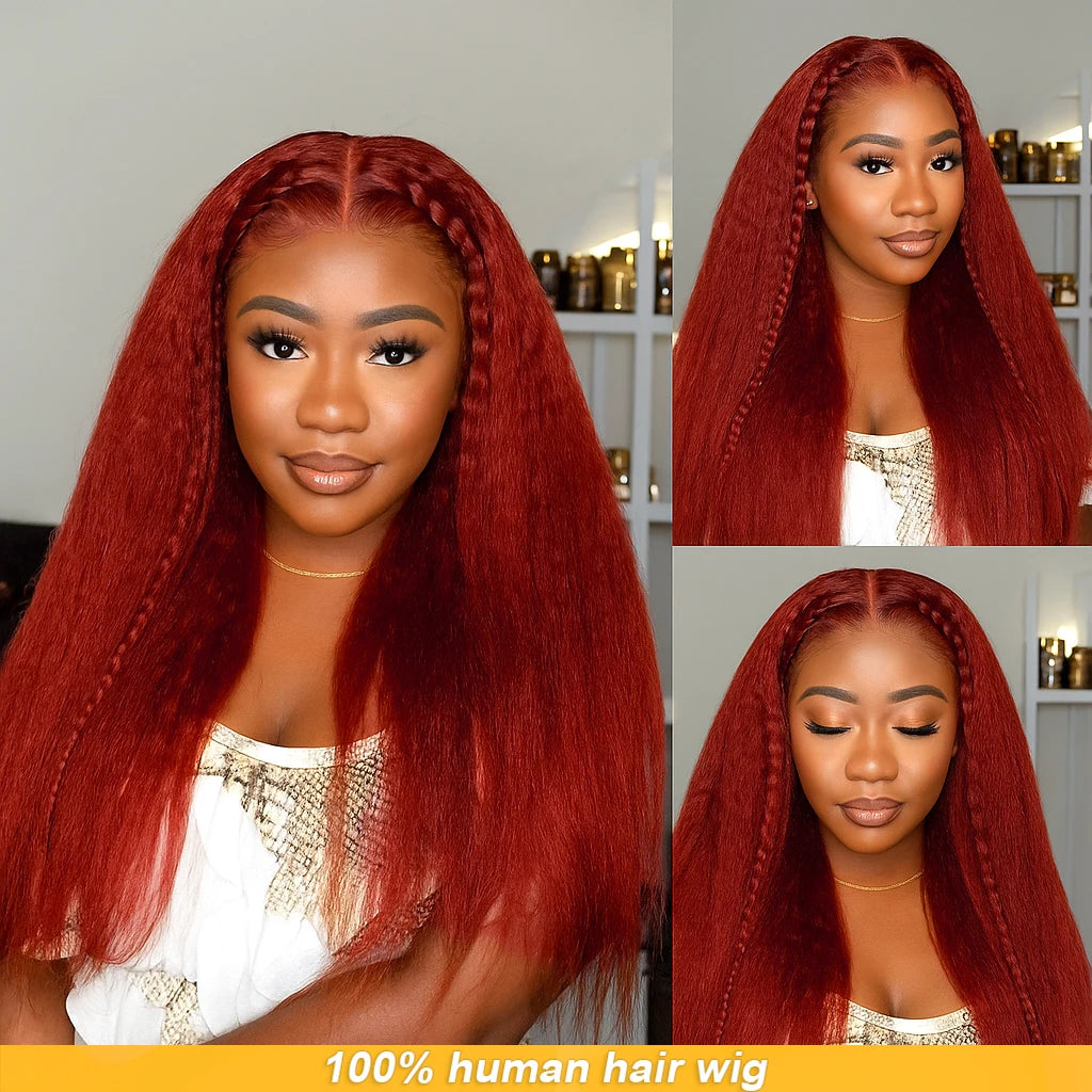 Kinky Straight Closure 4x4 Human Hair Wig Reddish Brown Lace Front Wig Human Hair  13x4 HD Lace Wig 200 Density Brazilian Hair