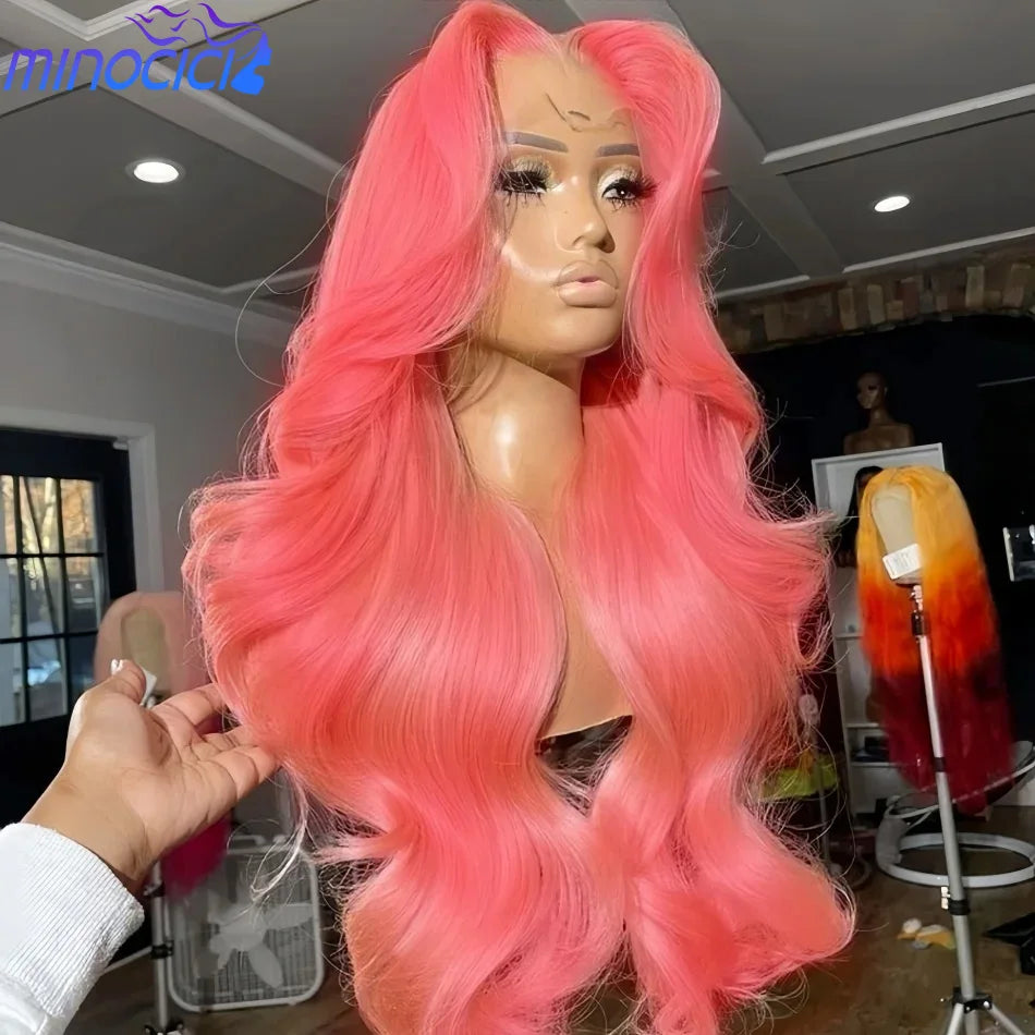 Pink Human Hair Wigs Body Wave 13X6 Hd Lace Frontal Wig 100% Human Hair Colored Lace Front Wig Preplucked Brazilian Hair 38 Inch