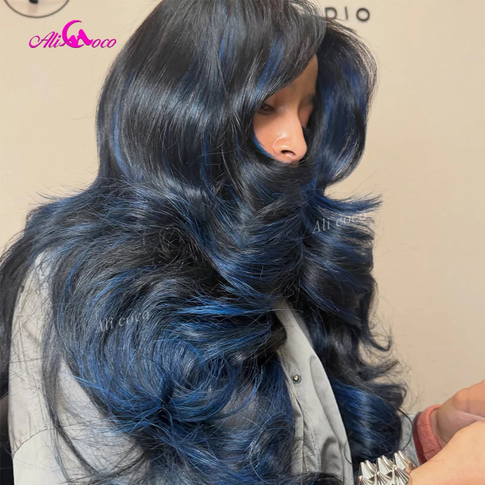 Highlight Sky Blue Human Hair Brazilian Remy Hair 180 Density Closure Pre Plucked Wigs Body Wave Transparent Lace Front Frontal