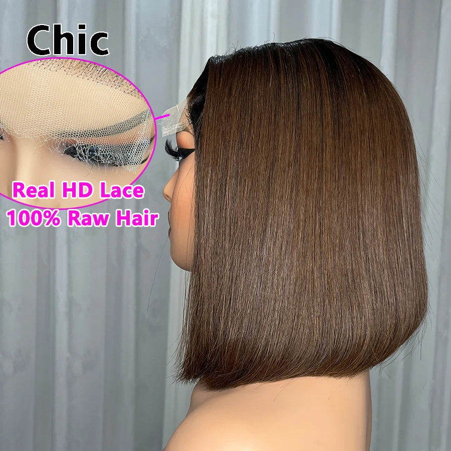 Gd Chic Real HD Lace Wig 100% Human Hair #1B/4 Colored Ombre Straight Short Bob Wig 200gram 5x5 HD Lace Closure Wigs Wear And Go