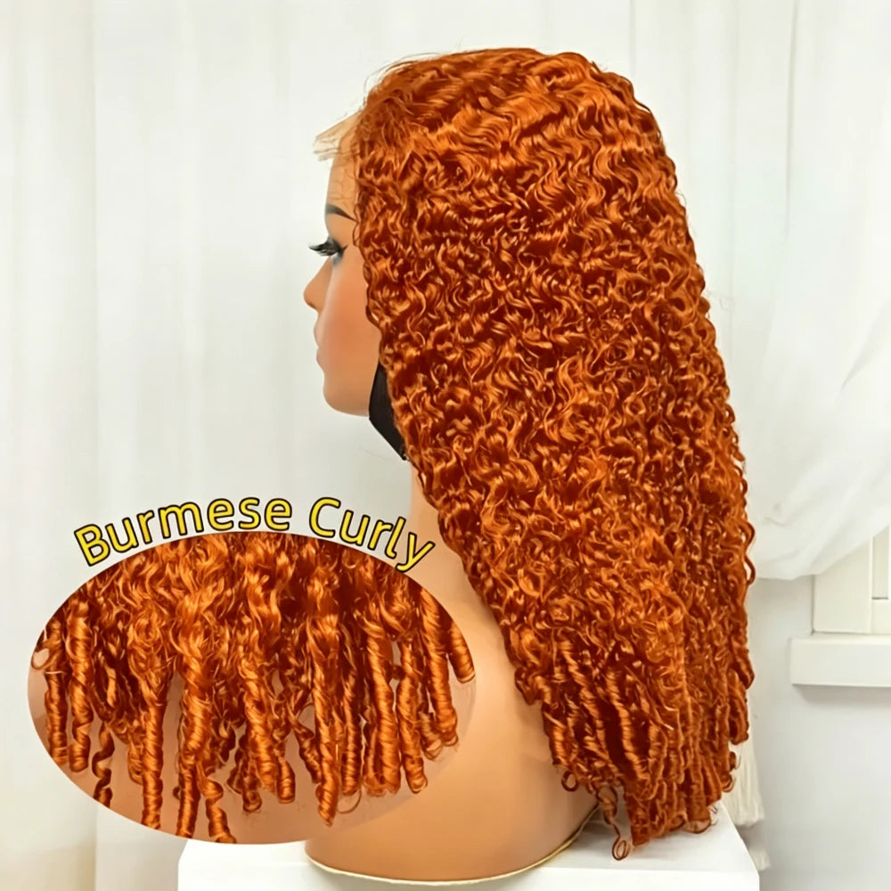 Ginger Orange Burmese Curly Human Hair Wig Pre Plucked 13x6 Hd Lace Front Human Hair Wig 200 Density #350 Colored Wig Human Hair