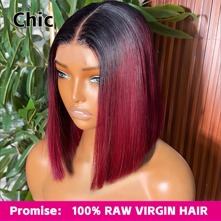 Gd Chic Real HD Lace Wig 100% Human Hair #1B/4 Colored Ombre Straight Short Bob Wig 200gram 5x5 HD Lace Closure Wigs Wear And Go