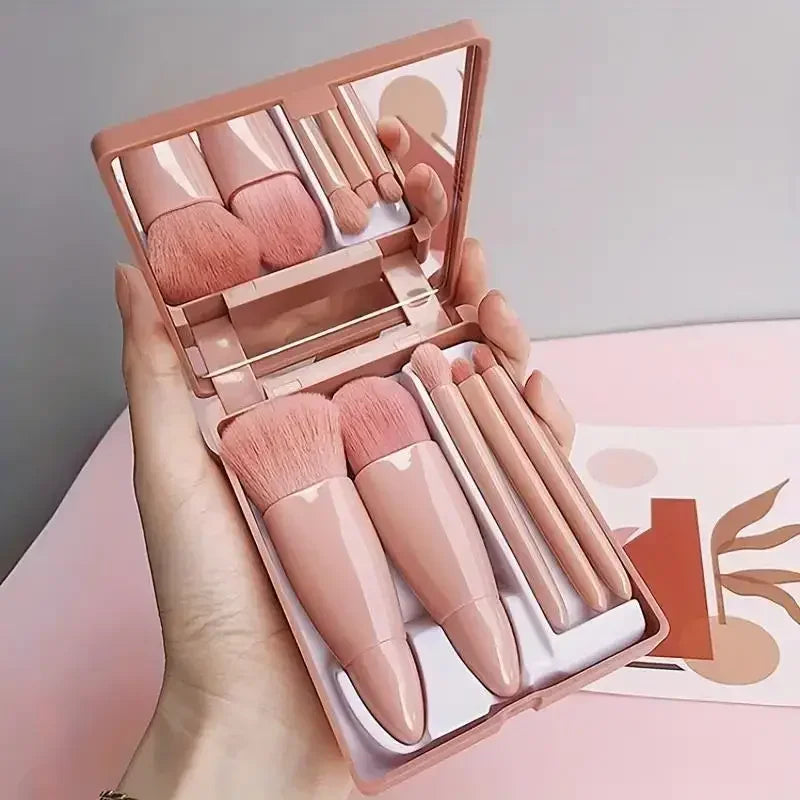5pcs Mini Travel Size Makeup Brushes Set - Complete Function Cosmetic Brushes Kit with Storage Case And Mirror for On-the-Go App