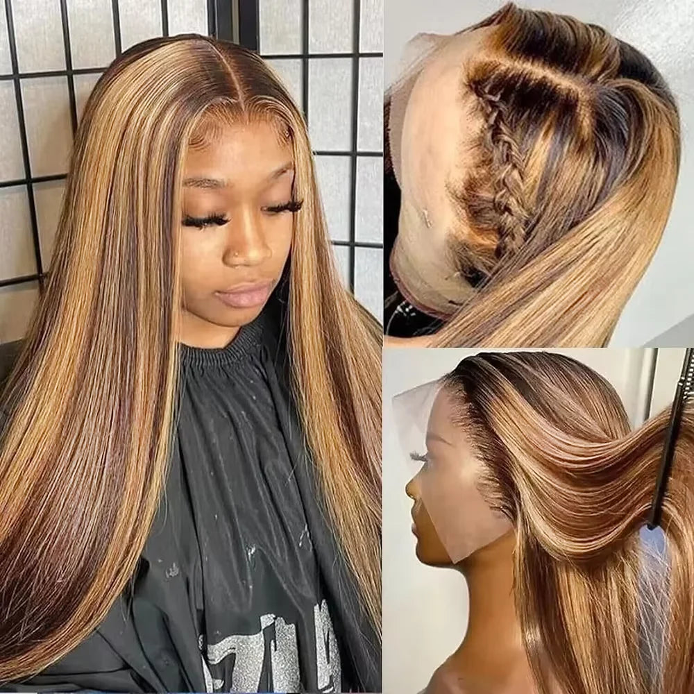 Highlight Wigs Straight 13X6 Hd Lace Frontal Wig Human Hair 220 Density 38 Inch P4/27 Ombre Pre Plucked Brazilian Hair Wigs