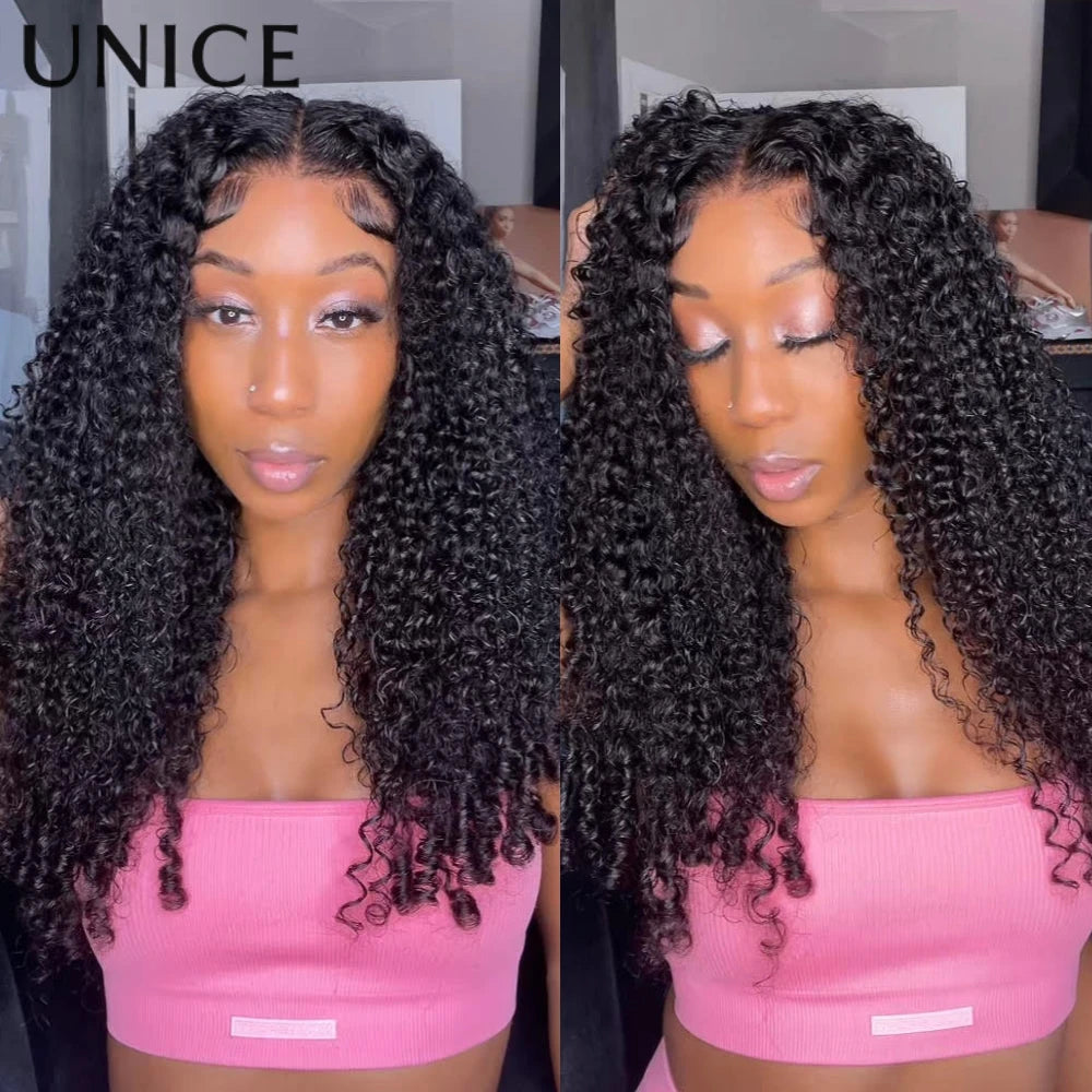 UNice 7x5 & 13x4 Lace Curly Human Hair Wig With Finger Coil Ends Pre Plucked Pre Cut Pre Bleached Glueless Wig With Drawstring
