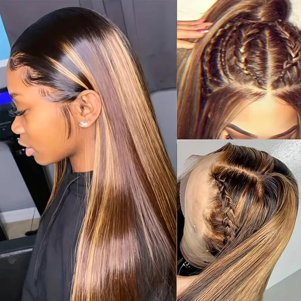 Highlight Wigs Straight 13X6 Hd Lace Frontal Wig Human Hair 220 Density 38 Inch P4/27 Ombre Pre Plucked Brazilian Hair Wigs