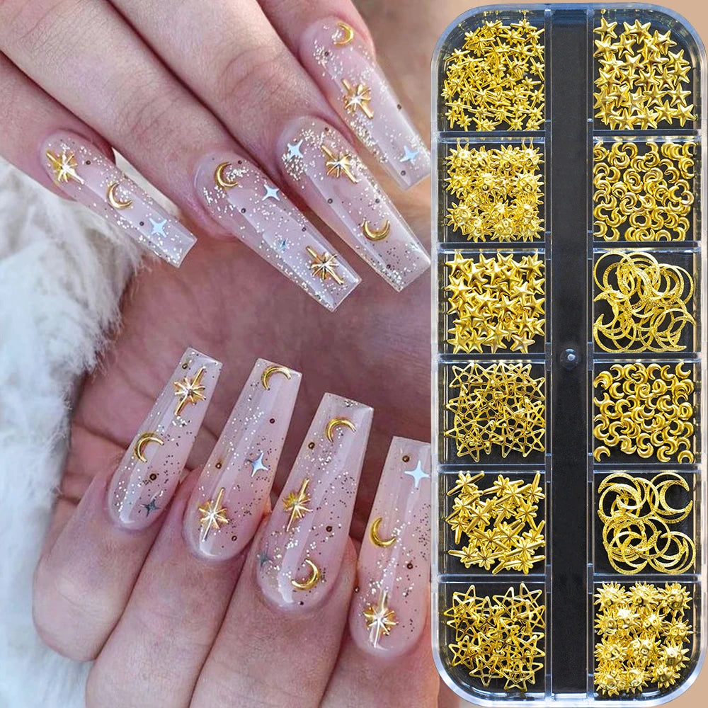 1000Pcs-12grids 3D Gold Silver Star/Cross Nail Rivet Studs Alloy Metallic Starlight Nail Charms Y2K 3d Cross/Star Manicure Rivet