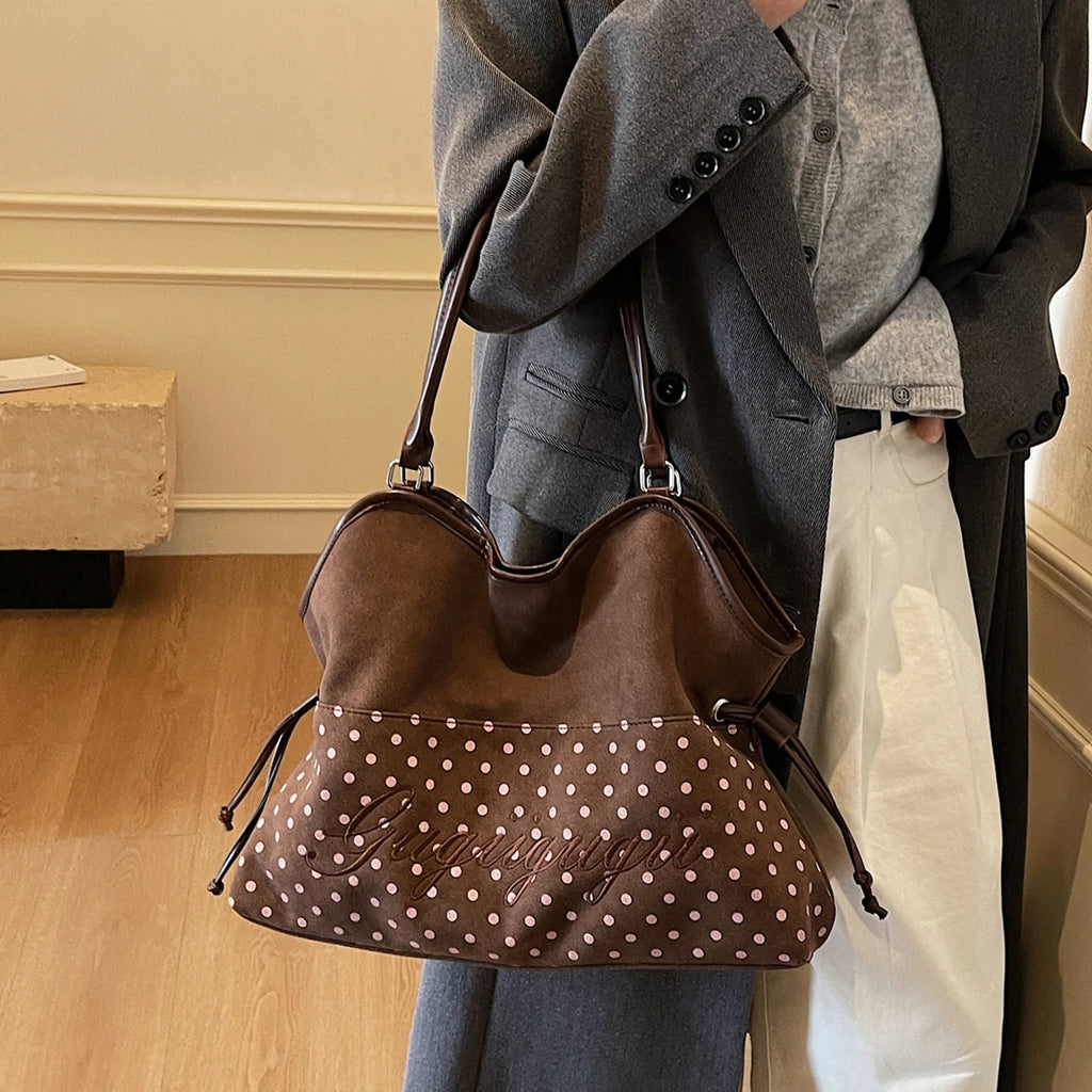New Brand Women's Shoulder Bag Y2k Fashion Sweet Polka Dot Handbag Korean Casual Versatile Leopard Print Brown Frosted Tote Bags
