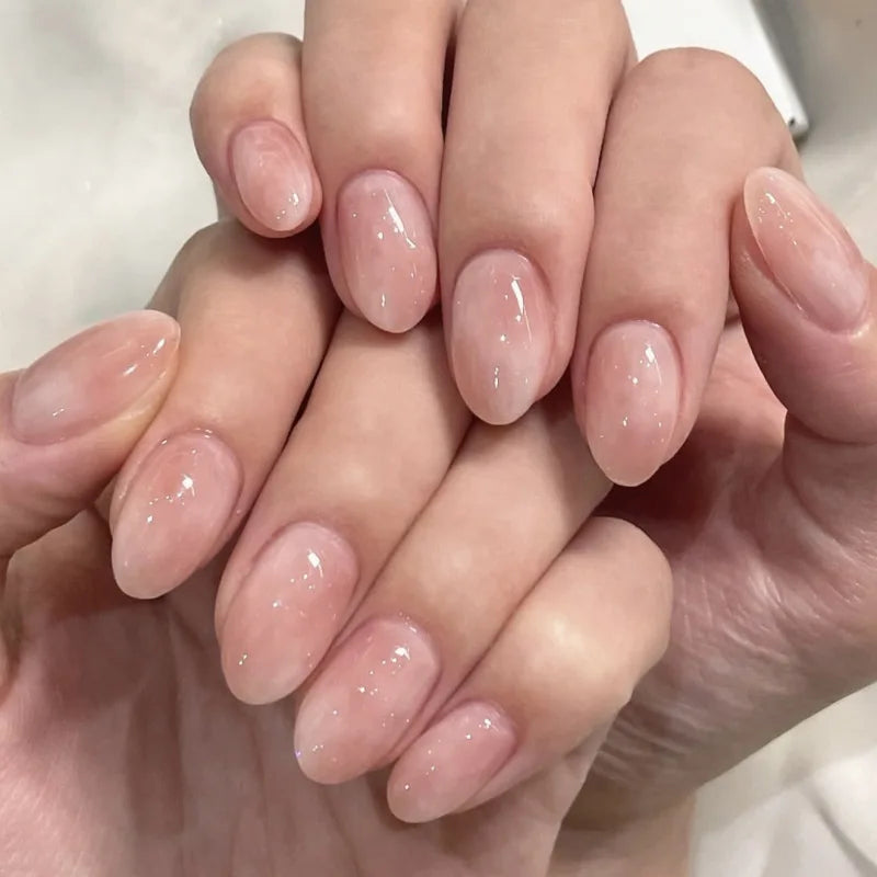 24Pcs Metallic Cat Eye French Sheer Manicure Tip Art Textured 3D Acrylic False Nails Nude Pink Almond Medium Press on Fake Nails
