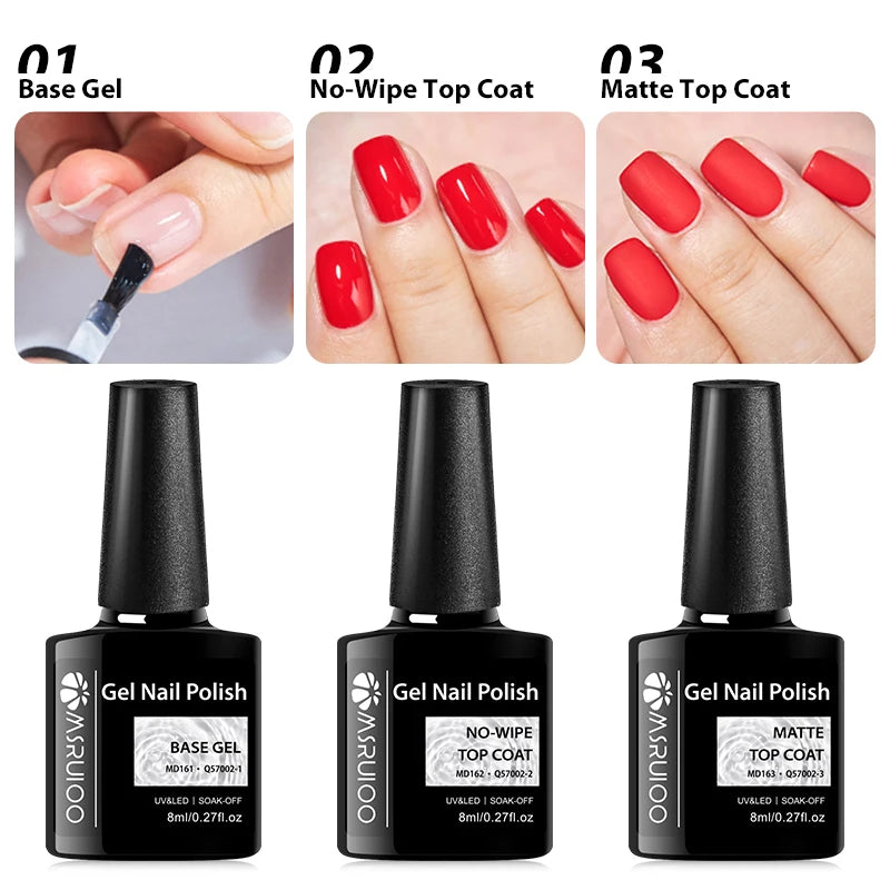 MSRUIOO 8ml Base Top Coat Gel Polish Semi Permanent Soak Off UV Gel LED Nail Art Varnish Base Gel Top Coat Gel Varnish Manicure