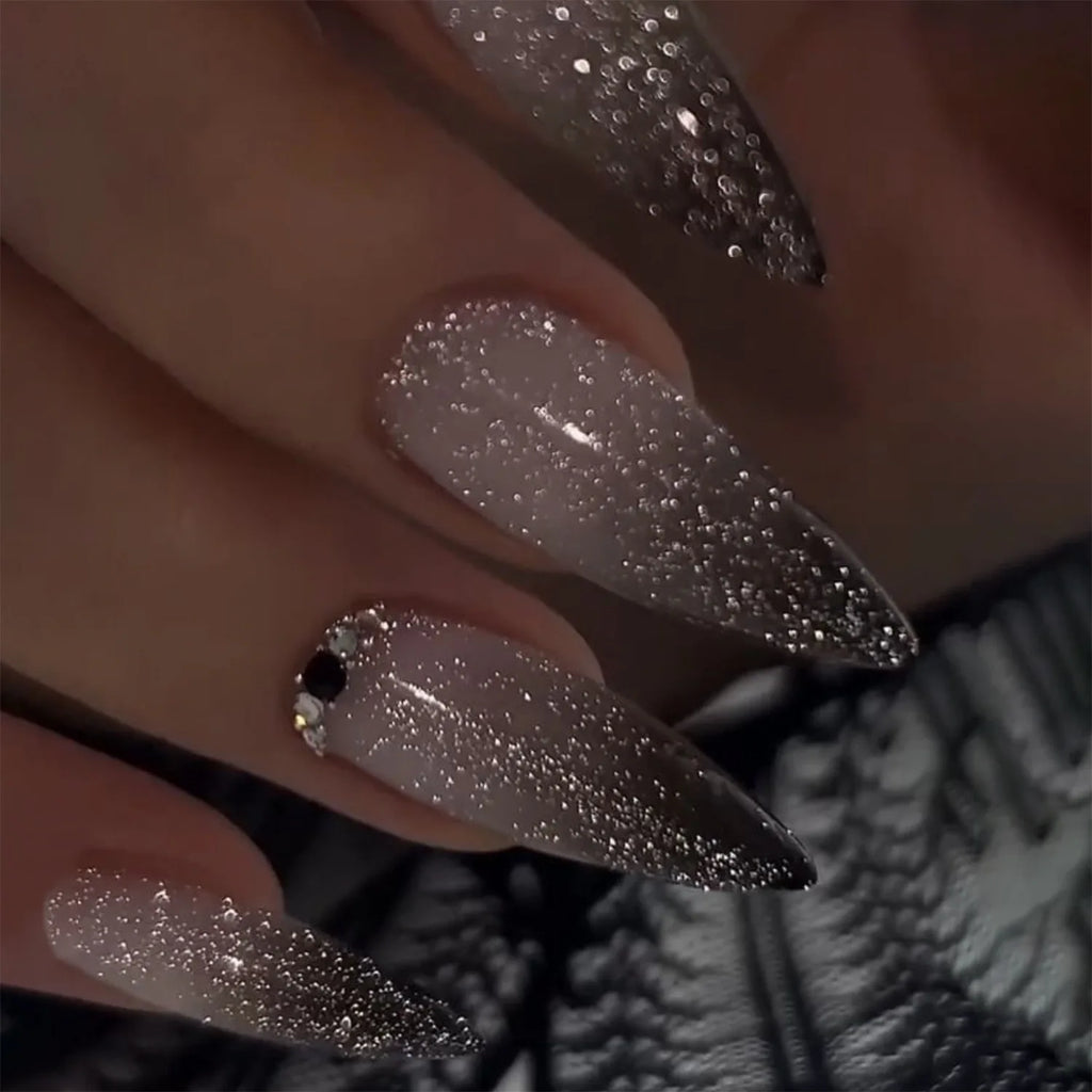 24Pcs Metallic Cat Eye French Sheer Manicure Tip Art Textured 3D Acrylic False Nails Nude Pink Almond Medium Press on Fake Nails