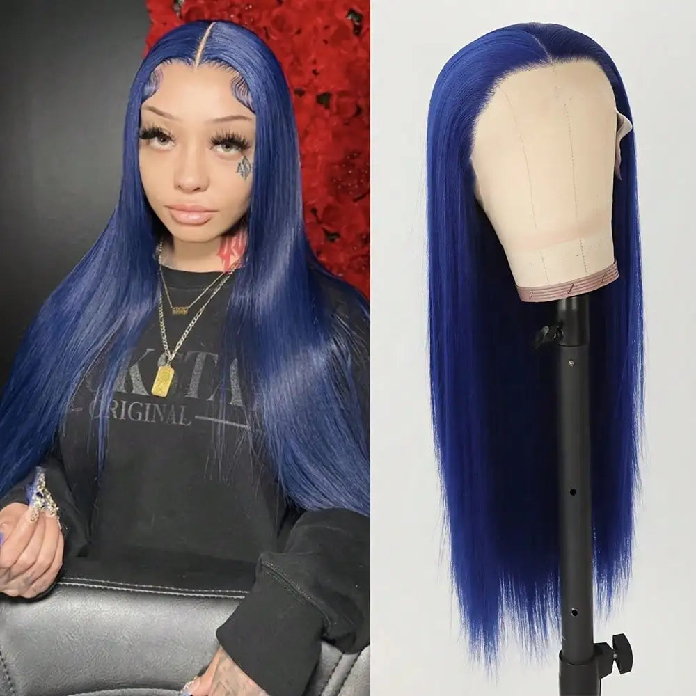 Long Straight Heat Friendly Blue Colored Hair Lace Front Straight Wigs  13x4 HD Blue Synthetic Lace Frontal Wigs for Women