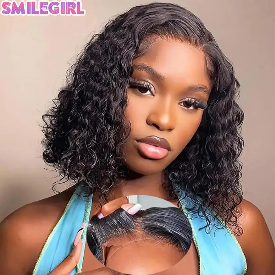 Wear And Go Glueless Short Bob Wig Human Hair Preplucked Precut For Black Women Water Deep Wave Curly 5X5 Hd Lace Front Wig 10In