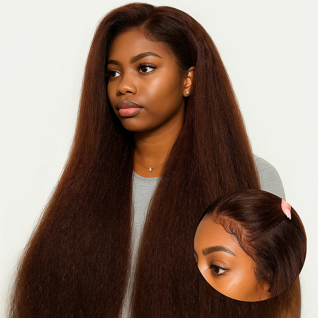 Brown Yaki Kinky Straight Human Hair Wig 13x6 Pre Cut Lace Front Glueless Pre Plucked Wig for Beginners For Black Women
