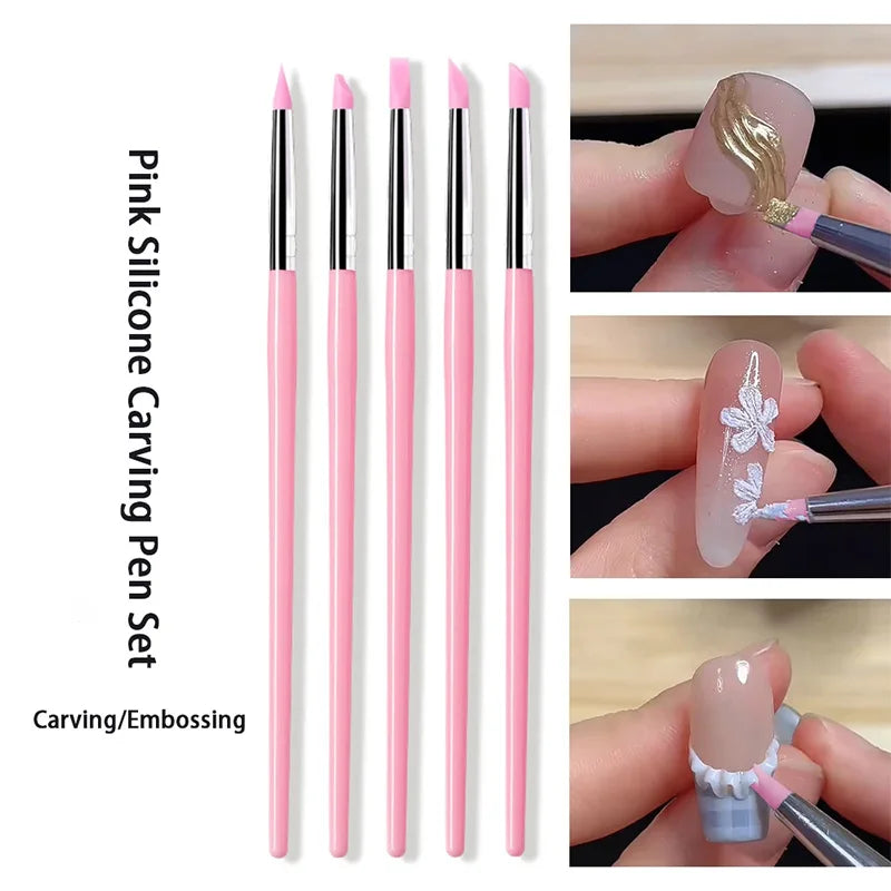 5Pcs/set Silicone Nail Brush UV Gel Polish Tip 3D Image DIY Dotting Polish Brushes Pen Professional DIY Manicure Tools