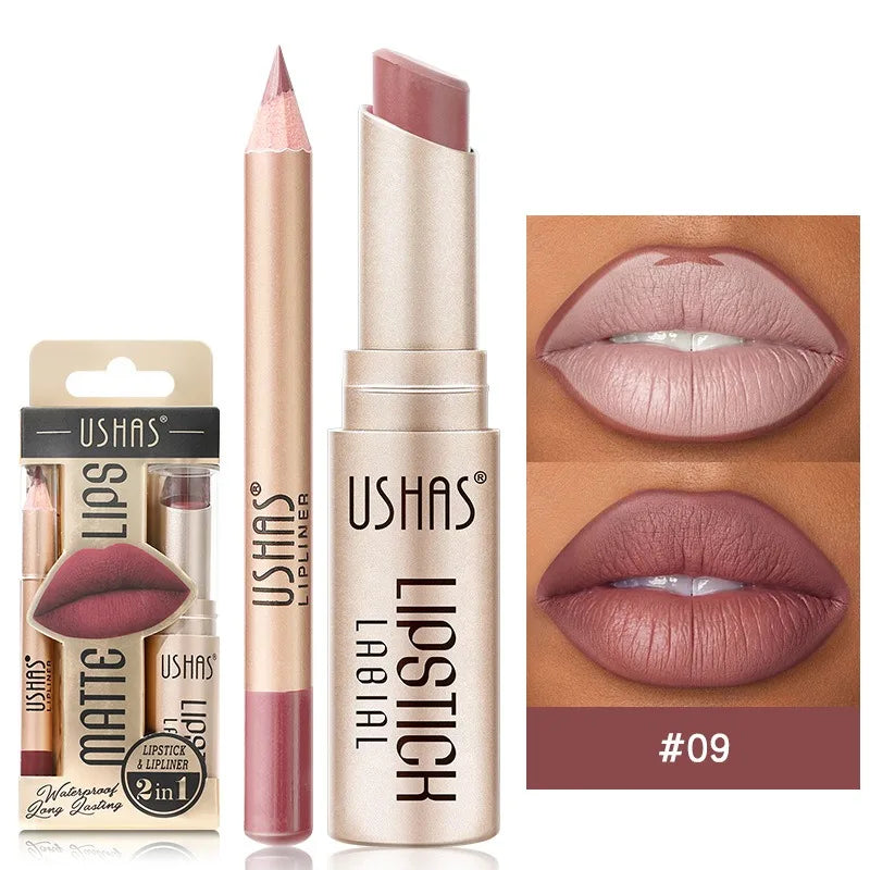 Professional 2PCS Lip Liner Lipstick Set Matte Finish High Pigment Long Lasting Waterproof Sweatproof Cosmetic Beauty Kit