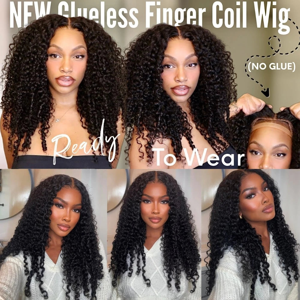 UNice 7x5 & 13x4 Lace Curly Human Hair Wig With Finger Coil Ends Pre Plucked Pre Cut Pre Bleached Glueless Wig With Drawstring