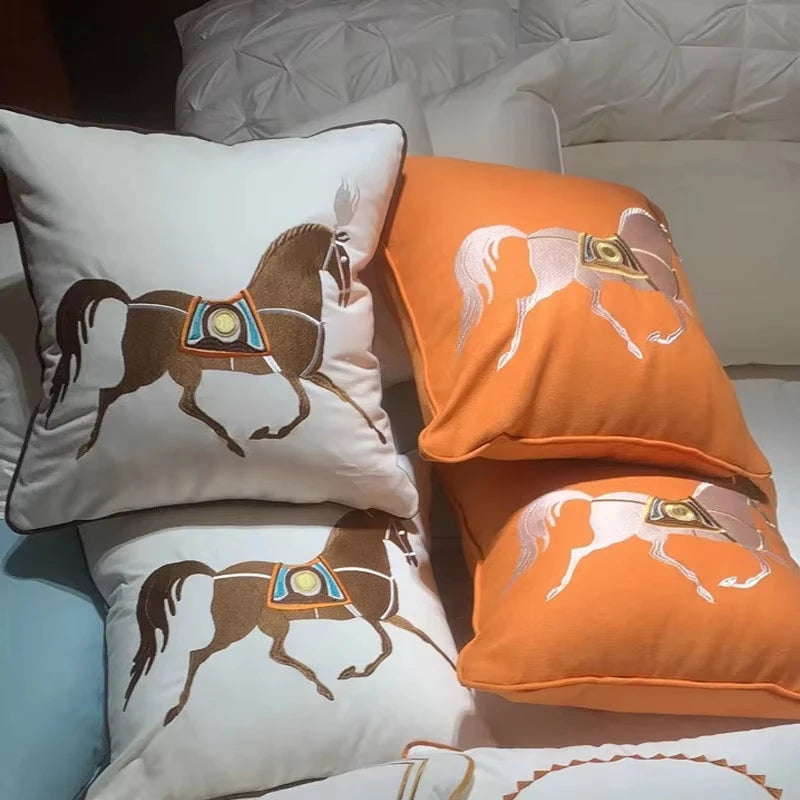45x45cm 30x50cm Throw Pillow Embroidery Cushion Cover Horse Orange Color Luxury White Color Couch Pillow Without Core