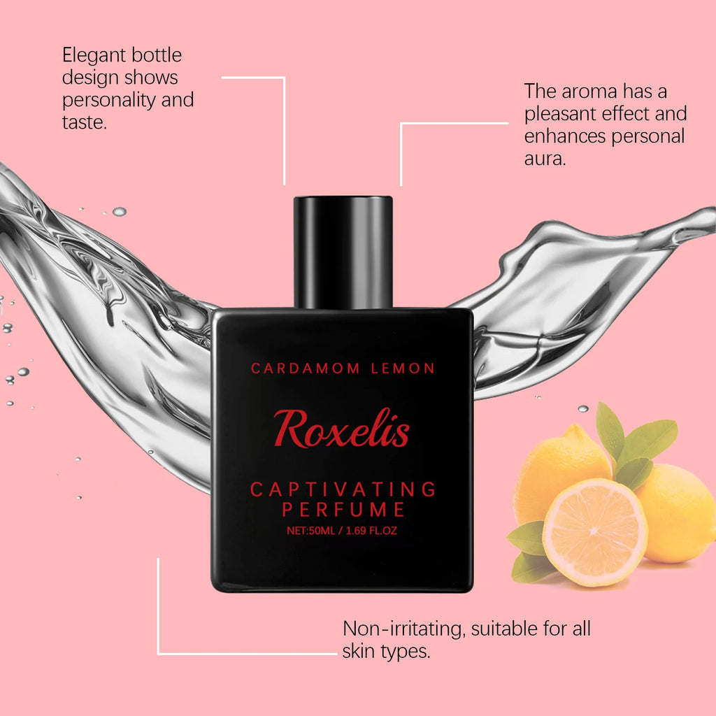 ROXELIS 50 ml Cardamom Lemon Eau de Parfum with a fresh captivating fragrance, blending aromatic cardamom and zesty lemon notes