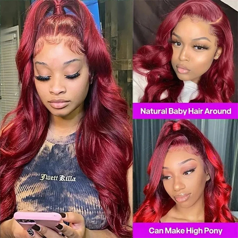99J Burgundy Lace Front Wig 13x6 HD Transparent Lace Frontal 200 Density Body Wave Pre Plucked Pre Cut Lace Glueless 46 Inches