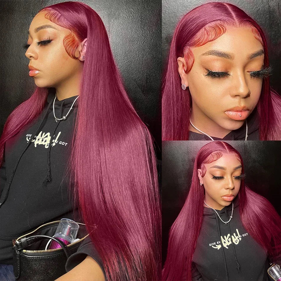 High Density Human Hair 13x4 Lace Front Wig 99j Bone Straight Burgundy 13x6 Hd Lace Frontal Wigs For Women 40 Inch Colored