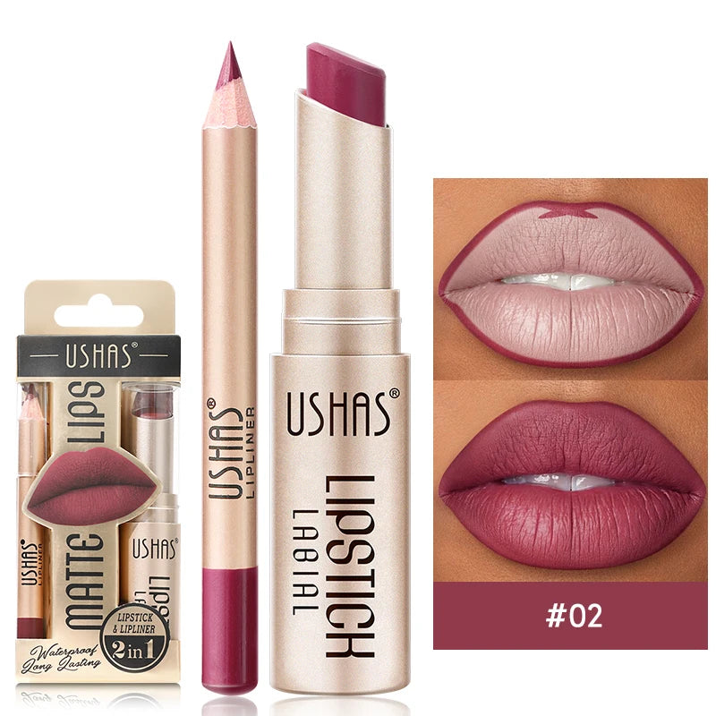 Professional 2PCS Lip Liner Lipstick Set Matte Finish High Pigment Long Lasting Waterproof Sweatproof Cosmetic Beauty Kit