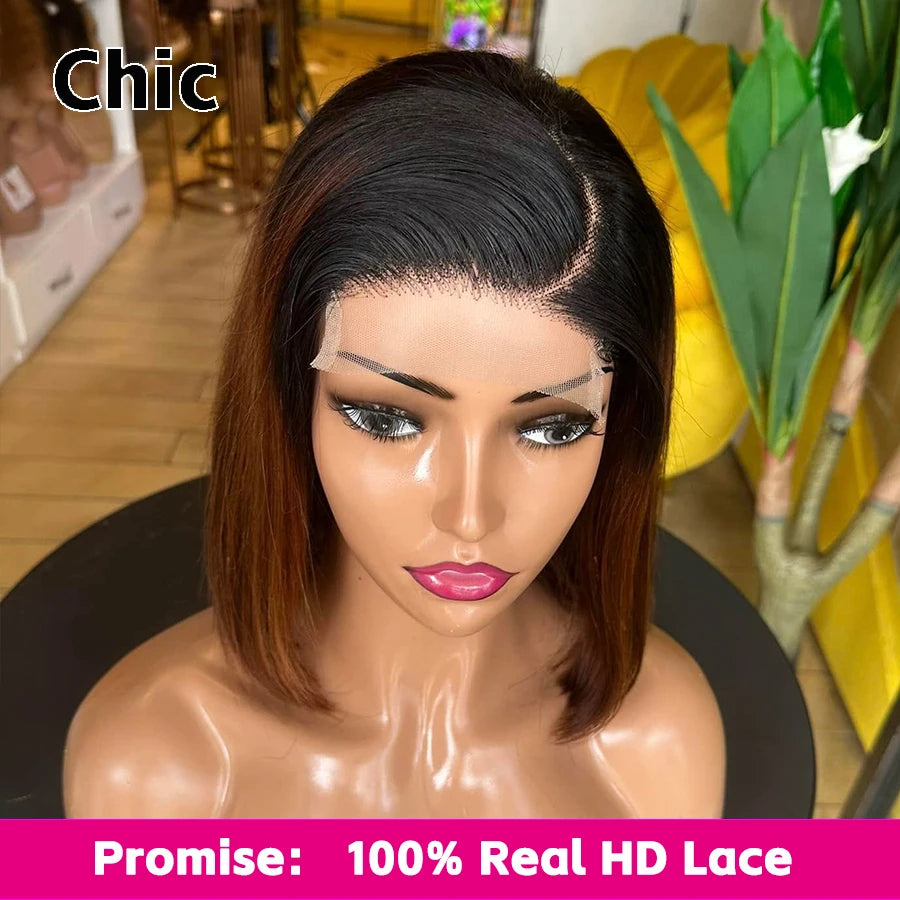 Gd Chic Real HD Lace Wig 100% Human Hair #1B/4 Colored Ombre Straight Short Bob Wig 200gram 5x5 HD Lace Closure Wigs Wear And Go