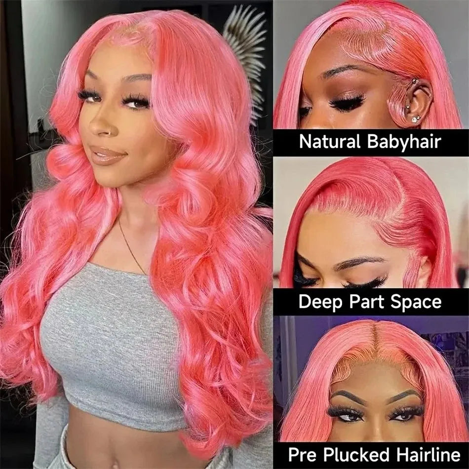 Pink Human Hair Wigs Body Wave 13X6 Hd Lace Frontal Wig 100% Human Hair Colored Lace Front Wig Preplucked Brazilian Hair 38 Inch