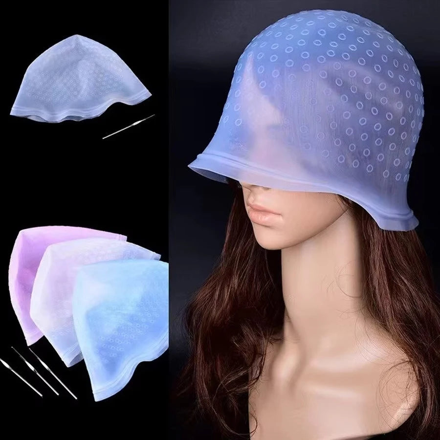 Silicone Hair Coloring Cap For Hairdressing With Needle Professional Salon Dyeing Tool Highlight Dyeing blue/pink/white