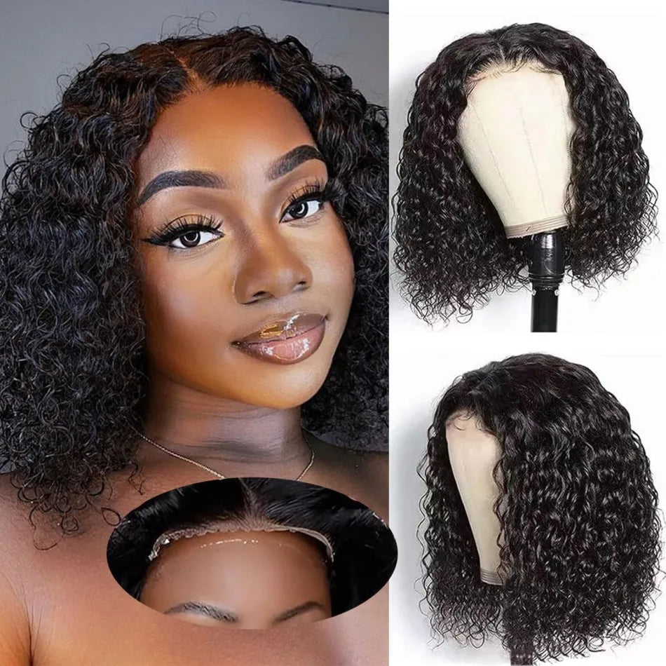 Wear And Go Glueless Short Bob Wig Human Hair Preplucked Precut For Black Women Water Deep Wave Curly 5X5 Hd Lace Front Wig 10In