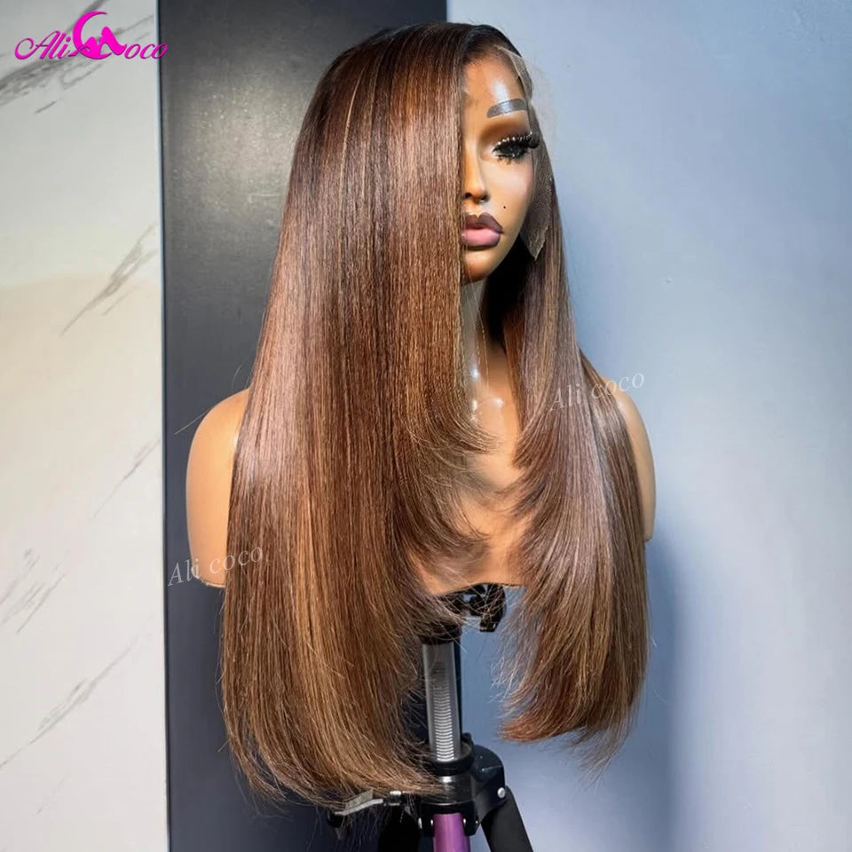 180 Density Highlight Honey Brown Colored 13x6 Lace Front Human Hair Straight Wig 5x5 Lace Closure Layered Wigs for Women