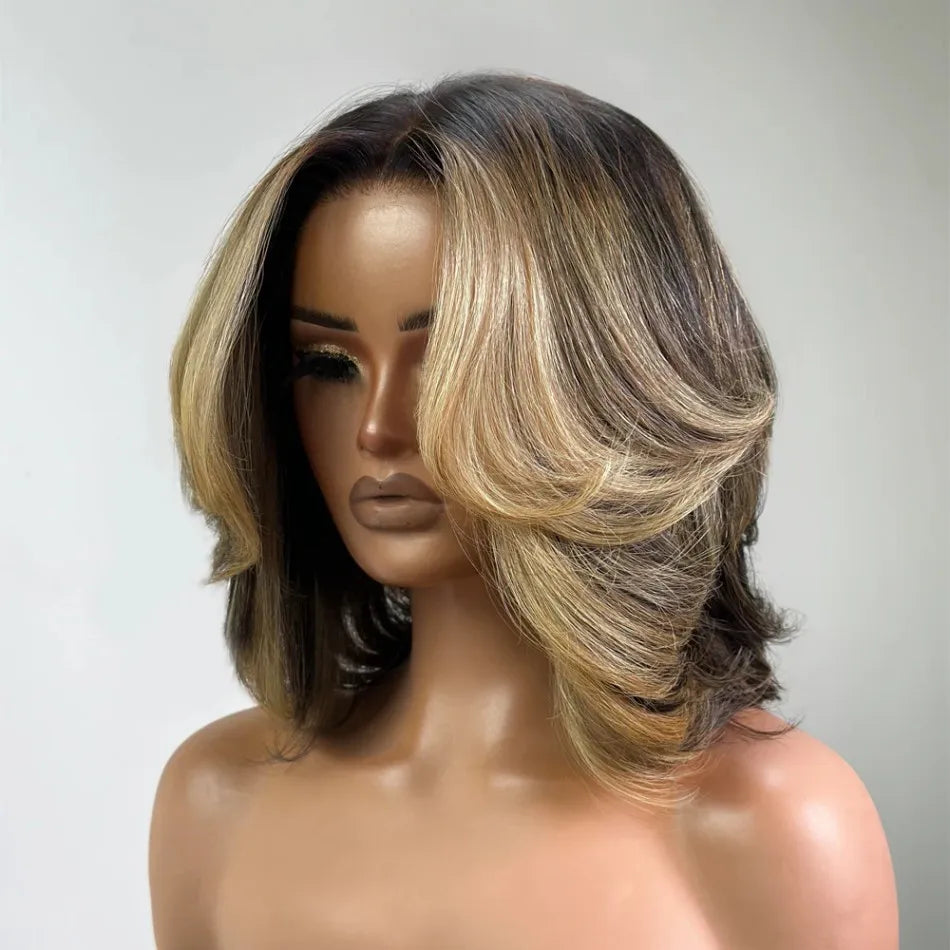 Bob Wig Human Hair Honey Blonde Highlights Layered Wig With Face-Framing Bangs Short 5X5 Hd Lace Closure Wigs For Women 12 Inch