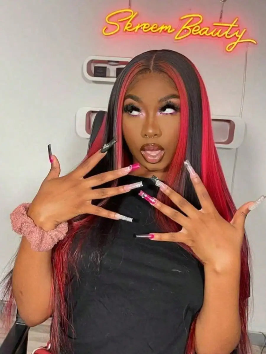 Highlight Burgundy 13x4 HD Transparent Straight Lace Front Wigs Human Hair 200 Density Wigs for Women Pre Plucked Glueless Wigs