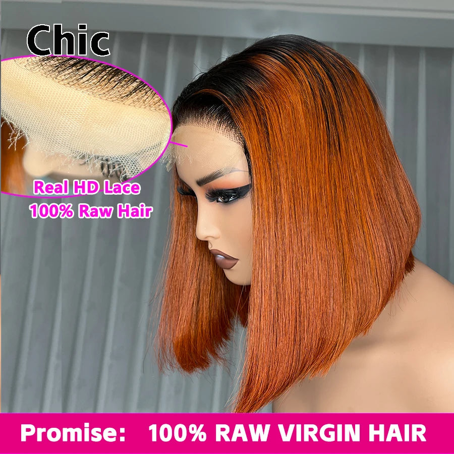 Gd Chic Real HD Lace Wig 100% Human Hair #1B/4 Colored Ombre Straight Short Bob Wig 200gram 5x5 HD Lace Closure Wigs Wear And Go