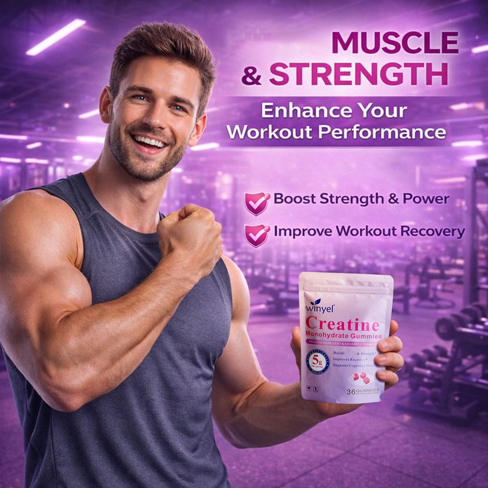 WINYEL Creatine Monohydrate Gummies, 5 Grams Per Serving, Sugar-free Creatine Gummies, Suitable For Workouts, Strength, Cognitive Health, And Muscle Support, Gluten-free, Berry-enhanced, 36 Gummies. H