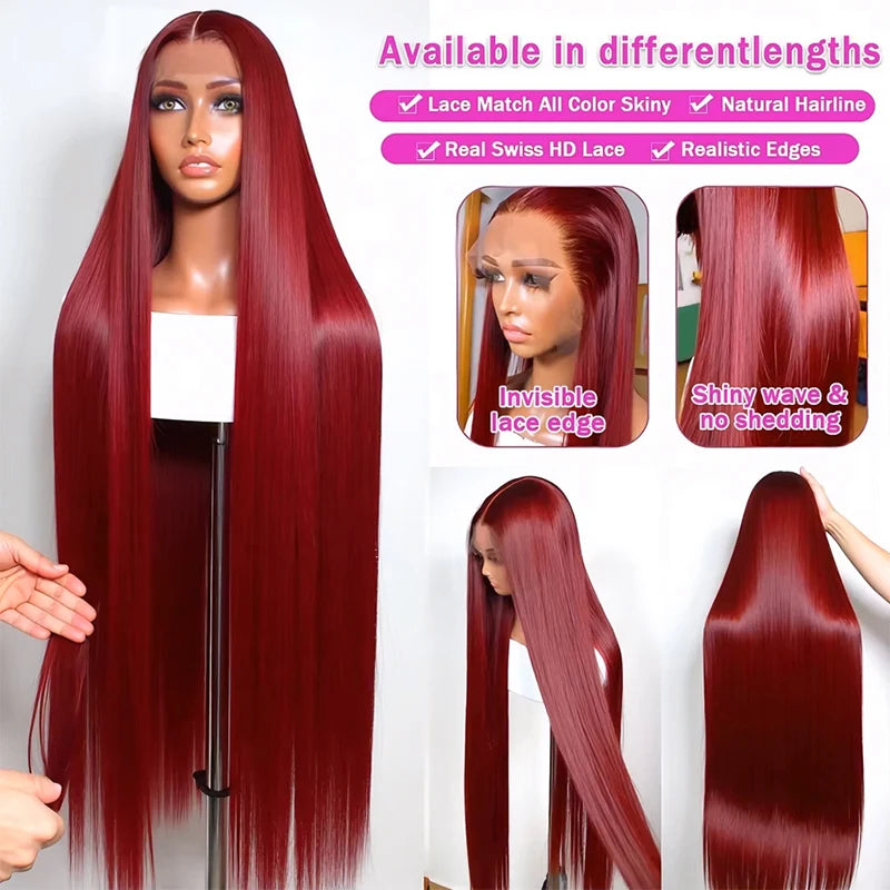 99J Burgundy Lace Front Human Hair Wig 36 Inch Straight Lace Frontal Wigs 13x6 HD Transparent Lace Colored Red Wig For Women