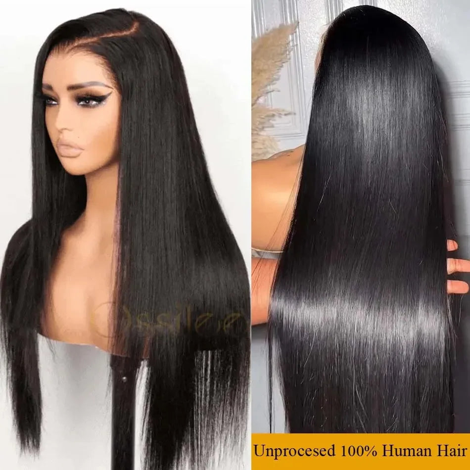 13x4 HD Transparent Bone Straight Human Hair Lace Frontal Wigs 250 Density 4x4 Closure Human Hair Wigs for Women 30 40 Inch