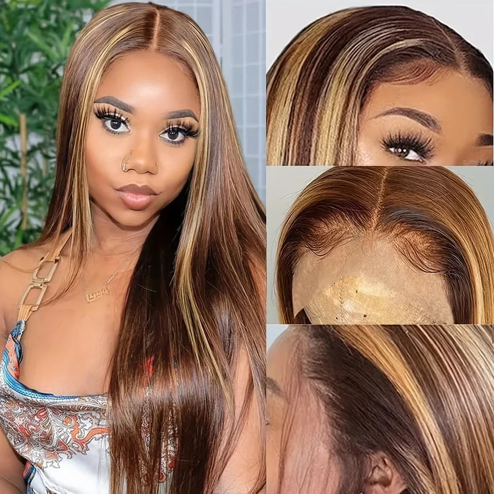 Highlight Wigs Straight 13X6 Hd Lace Frontal Wig Human Hair 220 Density 38 Inch P4/27 Ombre Pre Plucked Brazilian Hair Wigs