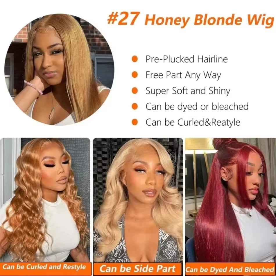 Straight Honey Blonde Wig 13x6 13x4 Hd Lace Frontal Wigs 30 36 Inch 200% Density #27 Blonde Colored Human Hair Wigs Pre Plucked