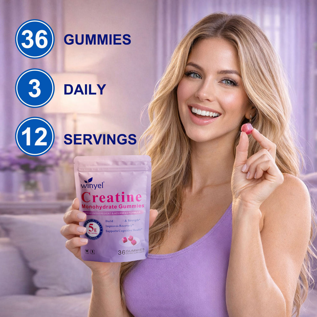 WINYEL Creatine Monohydrate Gummies, 5 Grams Per Serving, Sugar-free Creatine Gummies, Suitable For Workouts, Strength, Cognitive Health, And Muscle Support, Gluten-free, Berry-enhanced, 36 Gummies. H