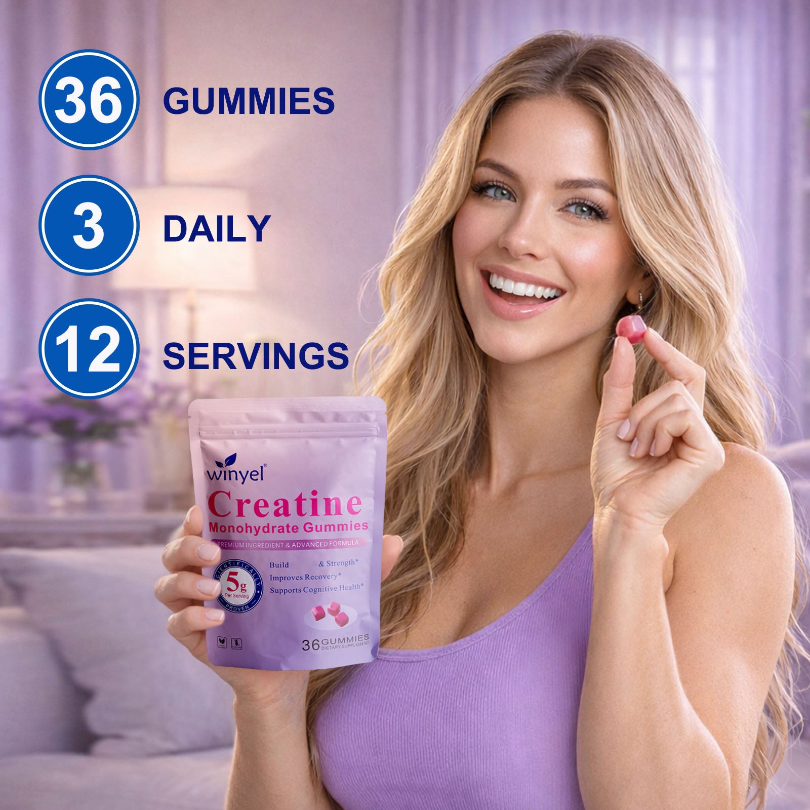 WINYEL Creatine Monohydrate Gummies, 5 Grams Per Serving, Sugar-free Creatine Gummies, Suitable For Workouts, Strength, Cognitive Health, And Muscle Support, Gluten-free, Berry-enhanced, 36 Gummies. H