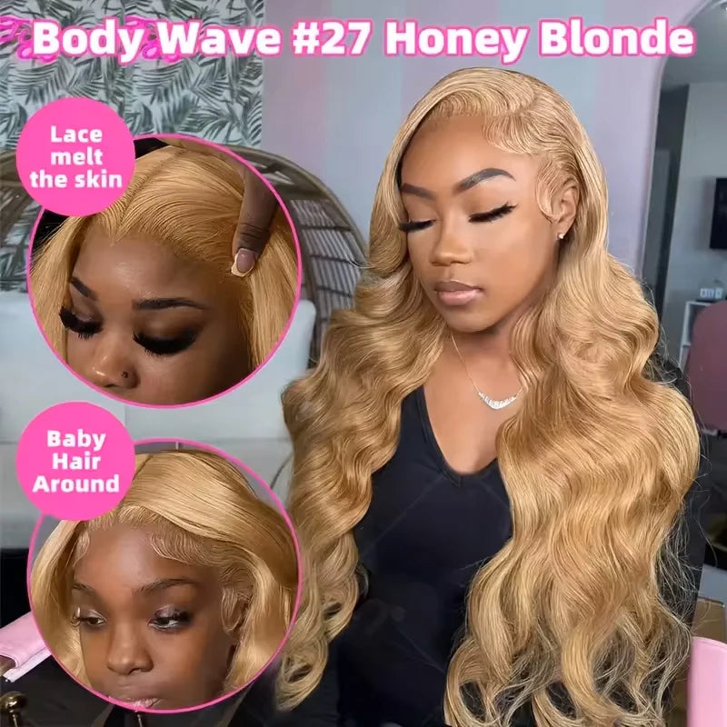 220% Density 13x6 Transparent HD #27 Colored Honey Blonde Body Wave Human Hair Wig PrePlucked Lace Frontal Wigs For Black Women