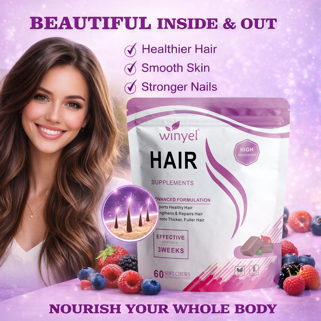WINYEL Hair Growth Soft Chewables, Containing Hair Growth Vitamins For Men And Women, Biotin, To Help Create Thicker, Fuller, And Stronger Hair, Mixed Berries, 60 Soft Chewables.