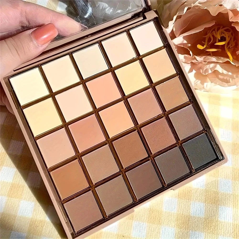 25-Color Eyeshadow Palette - Neutral Gray and Brown Earth Tones, Coffee and Chocolate-Style Shades, Creating a Versatile, Natural to Dramatic Makeup Look