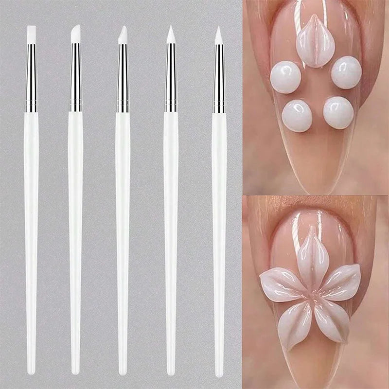 5Pcs/set Silicone Nail Brush UV Gel Polish Tip 3D Image DIY Dotting Polish Brushes Pen Professional DIY Manicure Tools