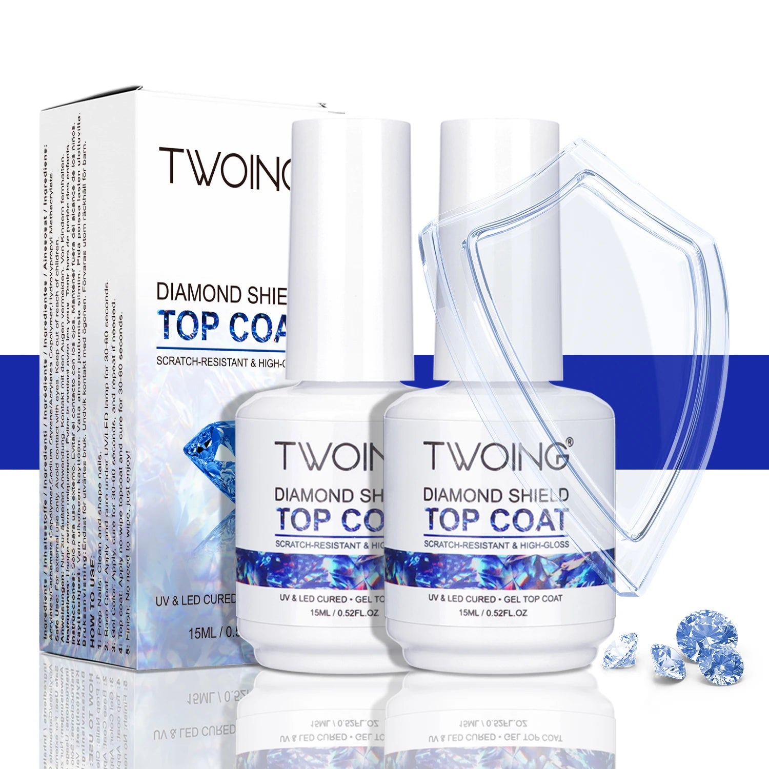 TWOING 15ml New Super Shine Top Coat Gel Nail Polish Diamond Topcoat No Wipe Sealer Gel Finish Manicure Nail Art Salon Quality