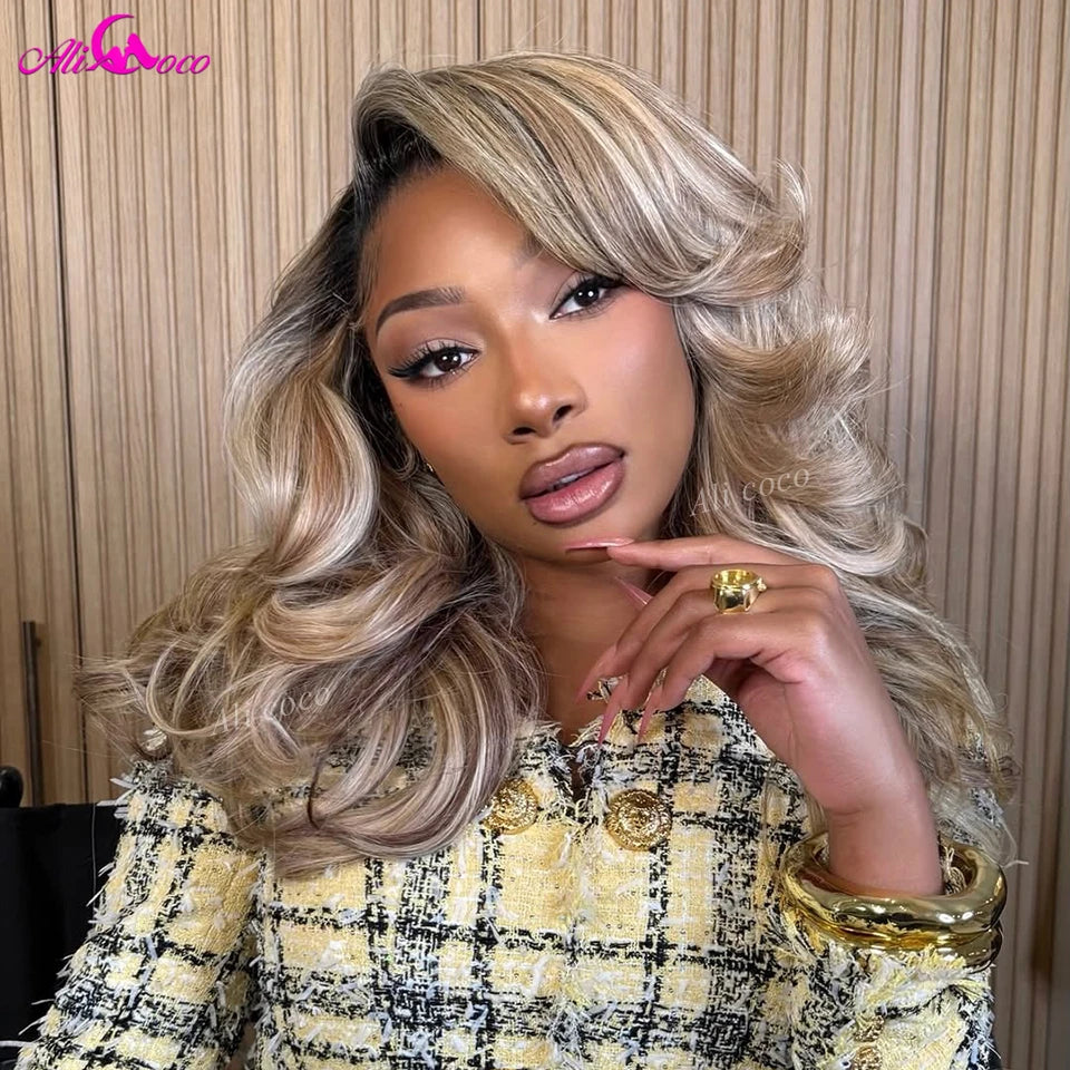 Transparent Lace Front Human Hair Wig 13x6 Lace Front 180 Density Highlights Blonde Ombre Blonde with Black Roots for Women