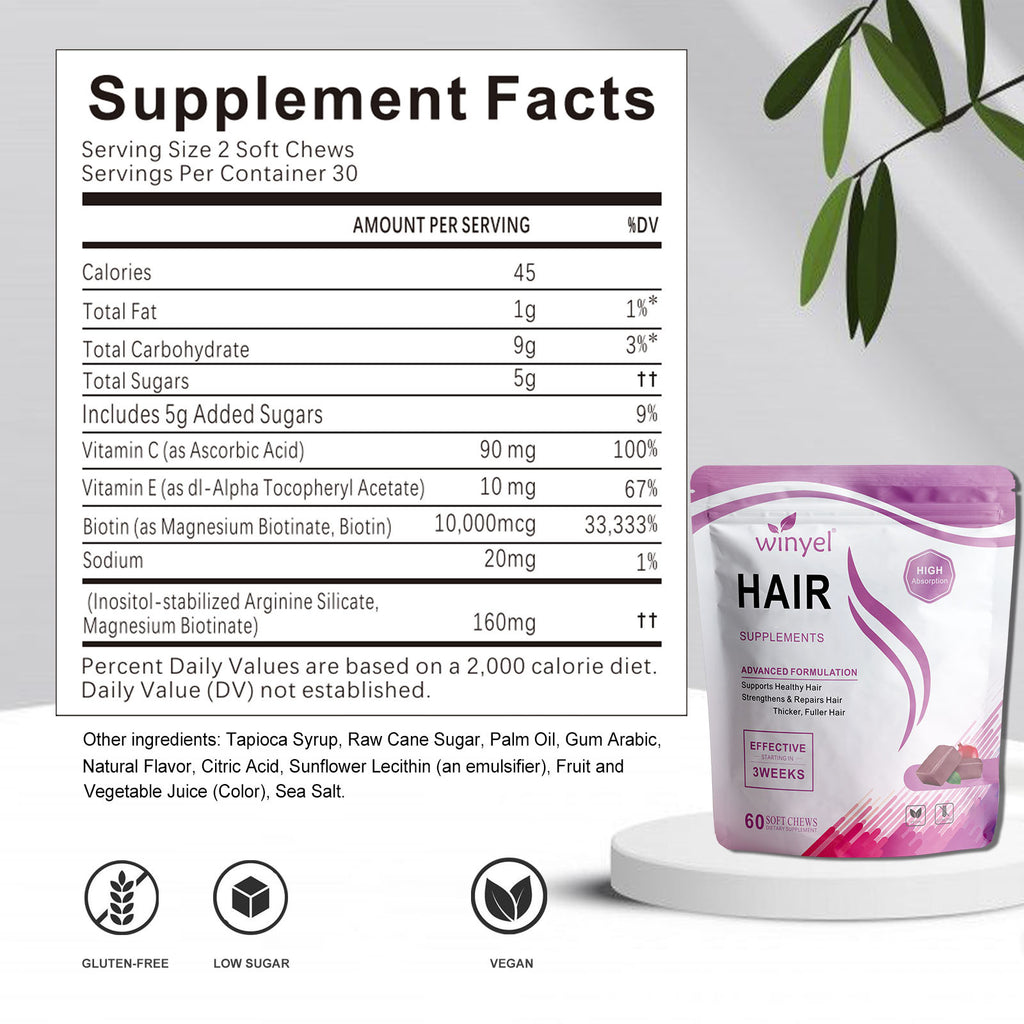 WINYEL Hair Growth Soft Chewables, Containing Hair Growth Vitamins For Men And Women, Biotin, To Help Create Thicker, Fuller, And Stronger Hair, Mixed Berries, 60 Soft Chewables.
