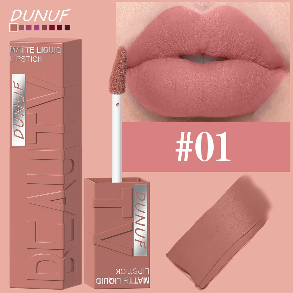 DUNUF  8-color matte velvet smooth easy-to-apply square tube lip gloss waterproof three-dimensional plumping lipstick